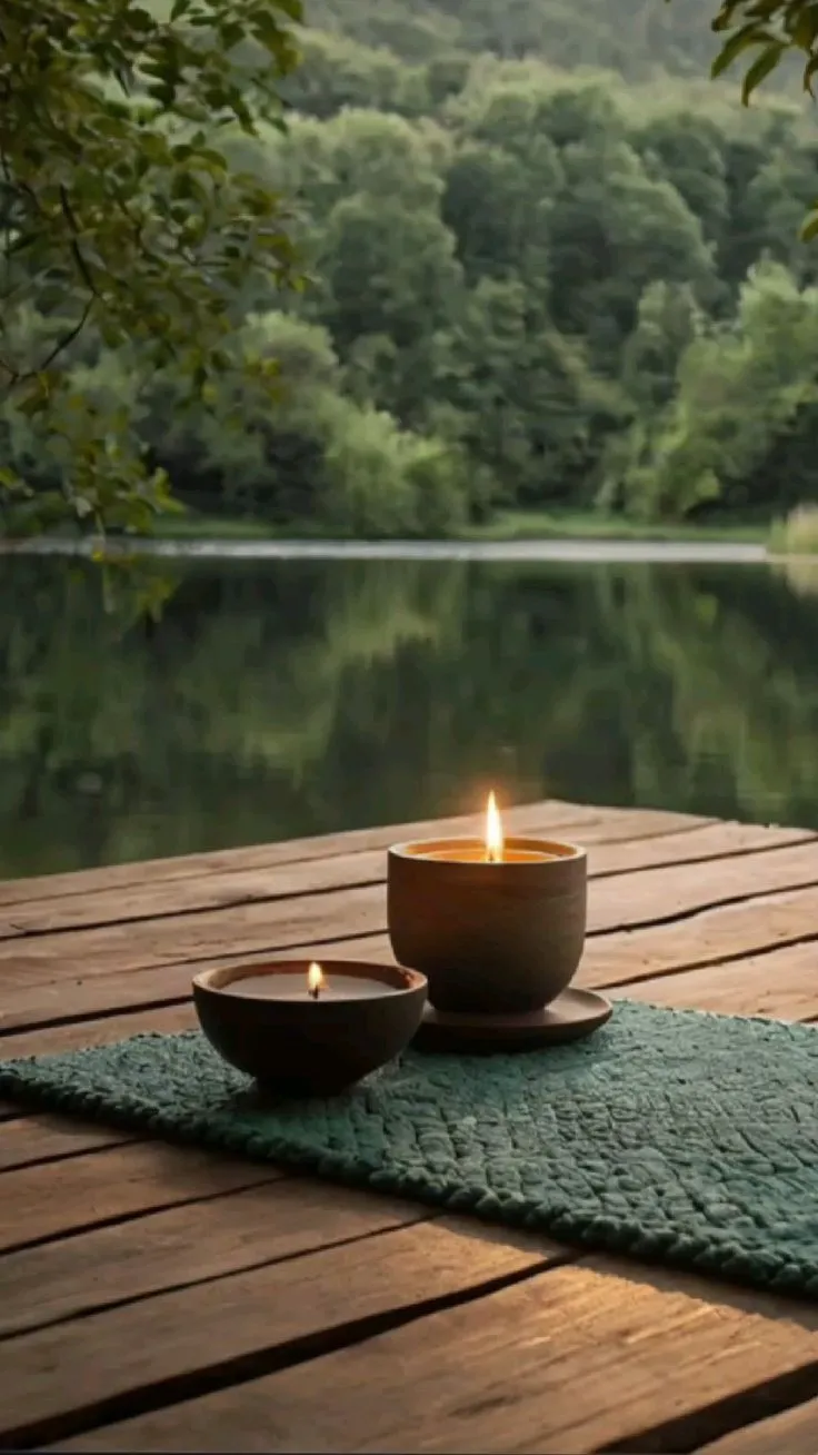 Calm reflective water surface at dusk